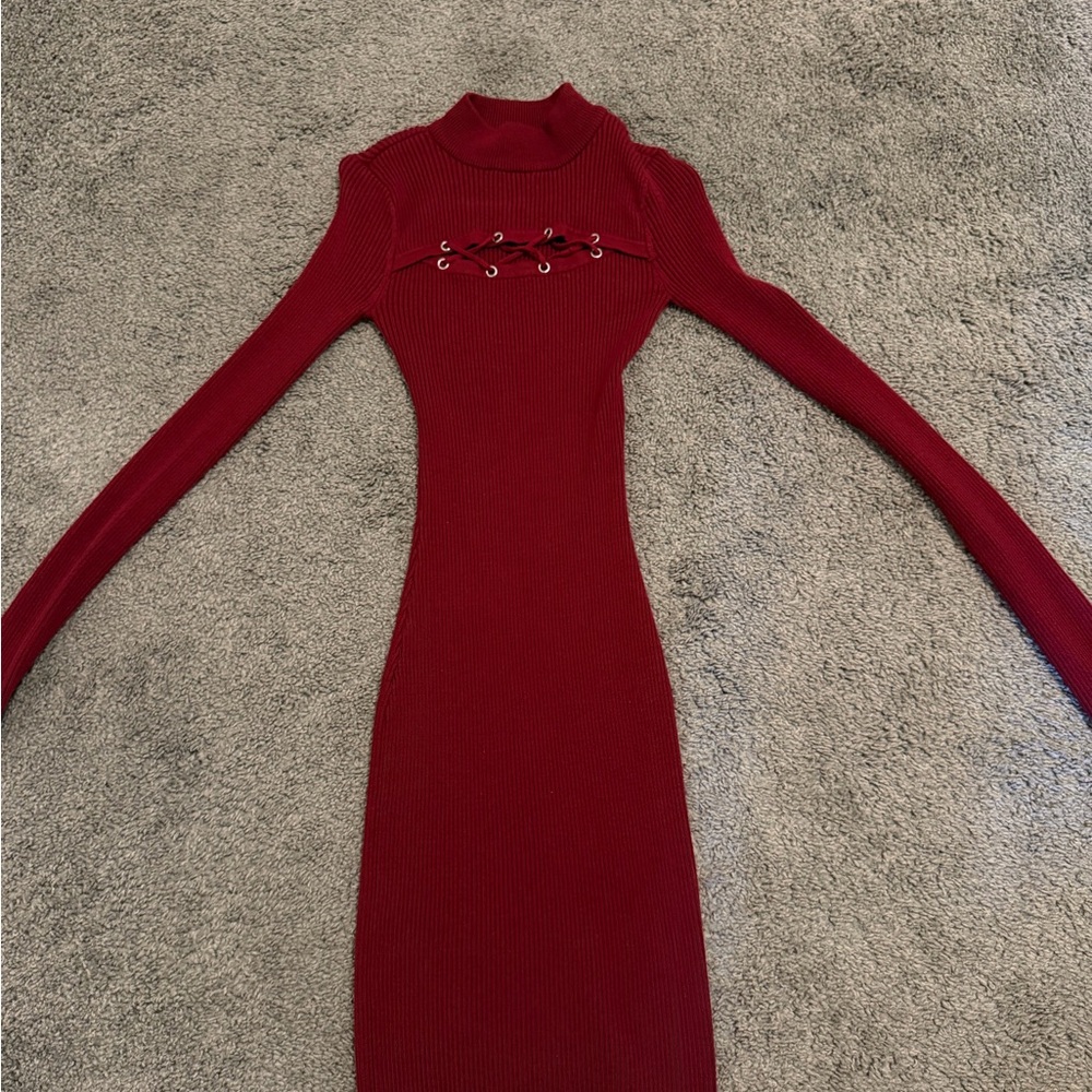 Planet Gold Burgundy Ribbed Lace-Up Long Sleeve Midi Dress